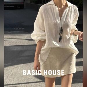 Set of 2: Loose linen shirt and Cream pencil skirt